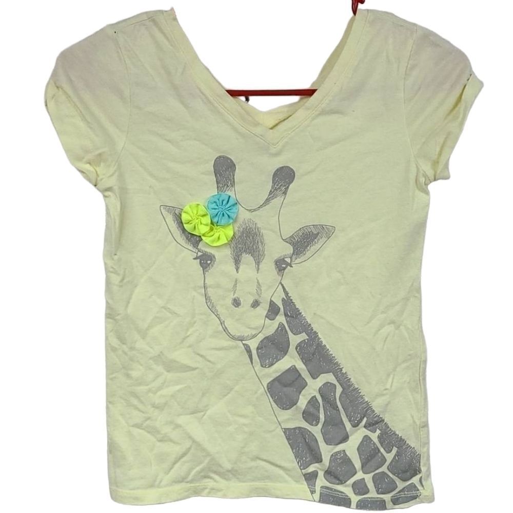Old Navy Girls M/8 Yellow GIRAFFE V-Neck Tee 3D Ribbon T-Shirt Short Sleeve Top